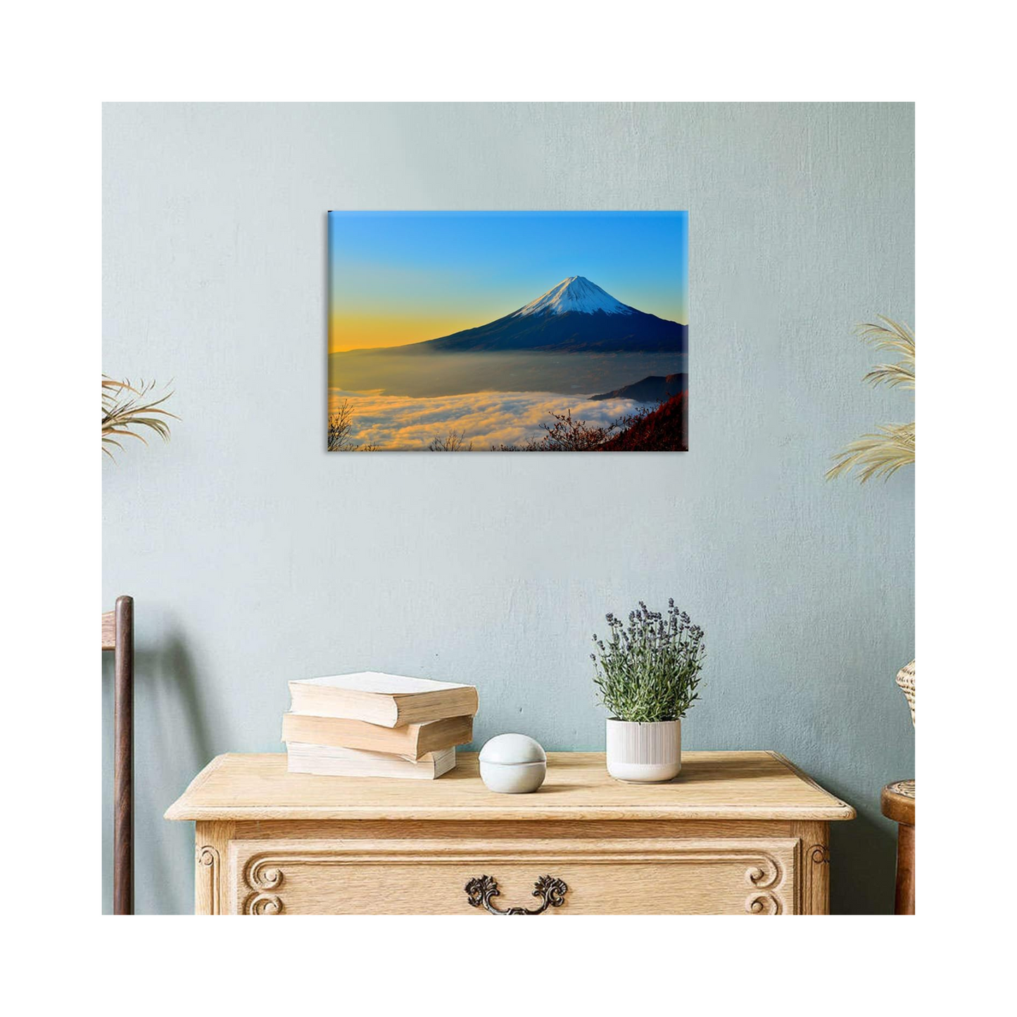 Panneau artistique Mont Fuji – Fuji rouge au-dessus du lac des Nuages blancs – Toile murale avec cadre en bois ( 60×40 cm)
